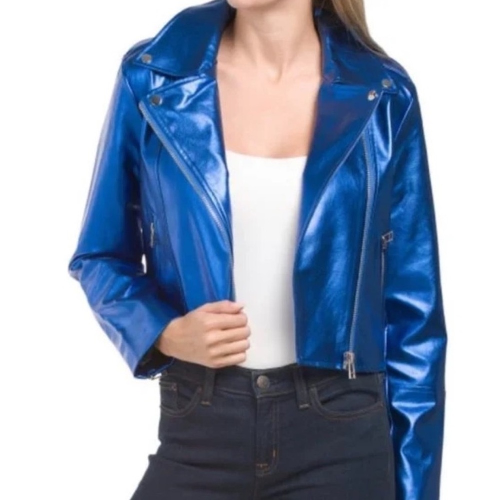NWT 7 For All Mankind Faux Electric METALLIC Blue Moto / Biker Jacket Sz… - Picture 4 of 16